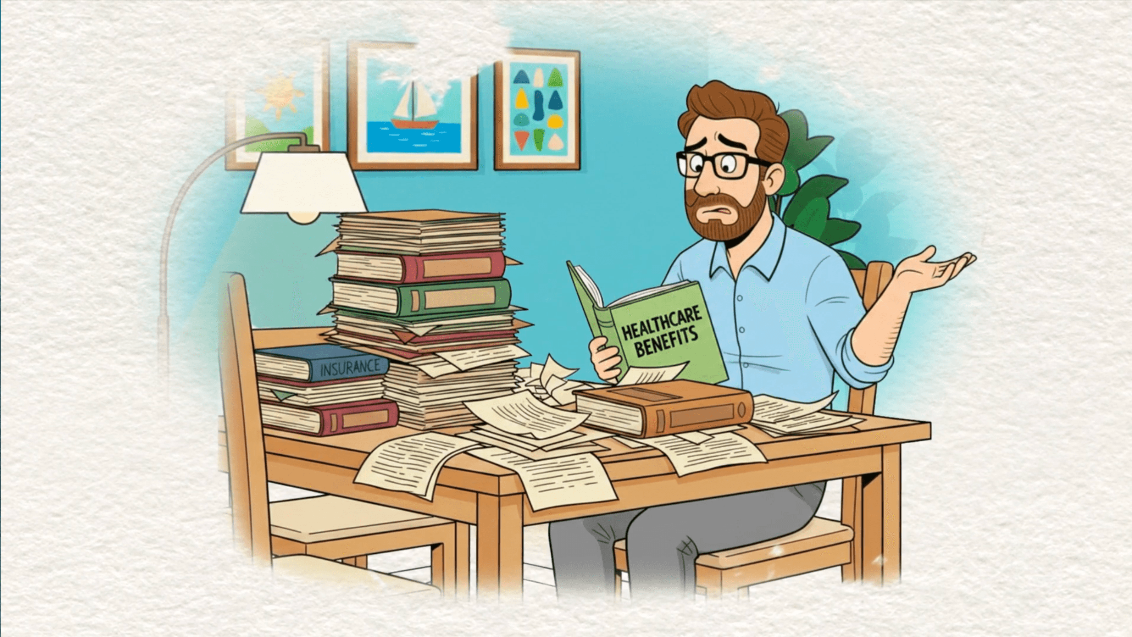 Still: a man at a kitchen table buried in insurance paperwork, holding a healthcare benefits booklet and shrugging