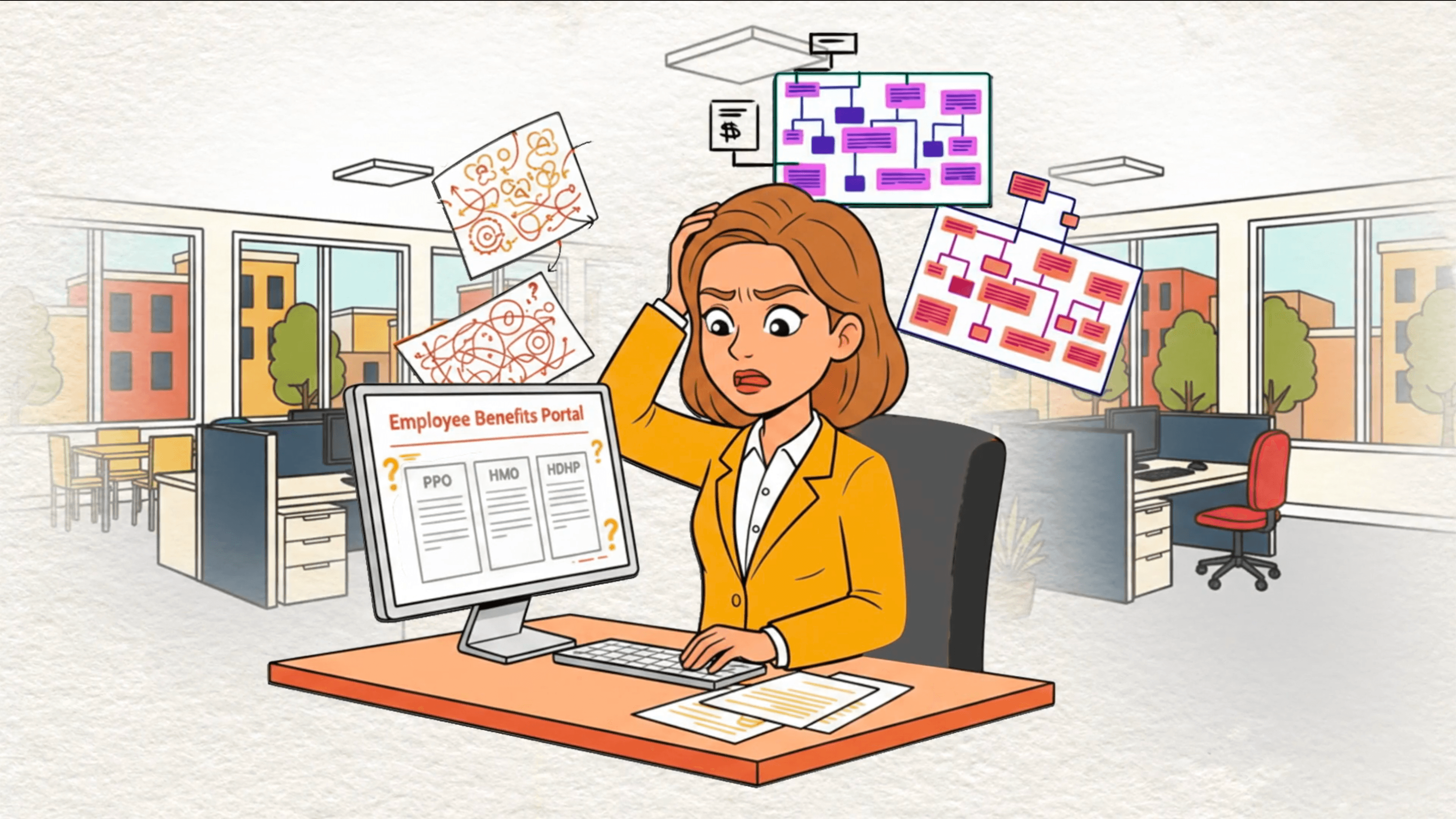 Still: an HR manager at a benefits portal comparing PPO, HMO and HDHP plans, surrounded by tangled flowcharts