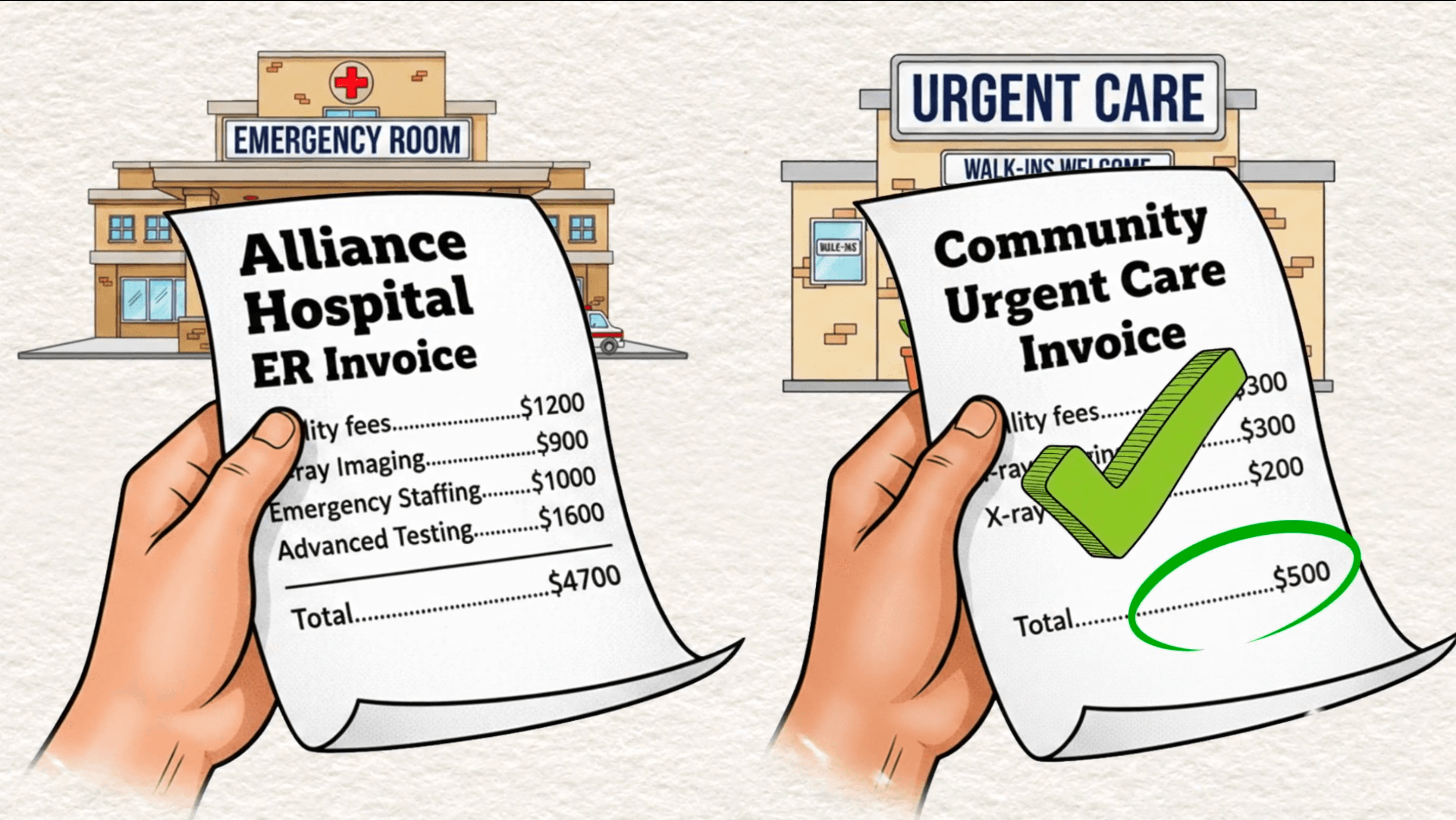Still: two invoices side by side — a $4,700 hospital ER bill and a $500 urgent care bill, the cheaper one circled
